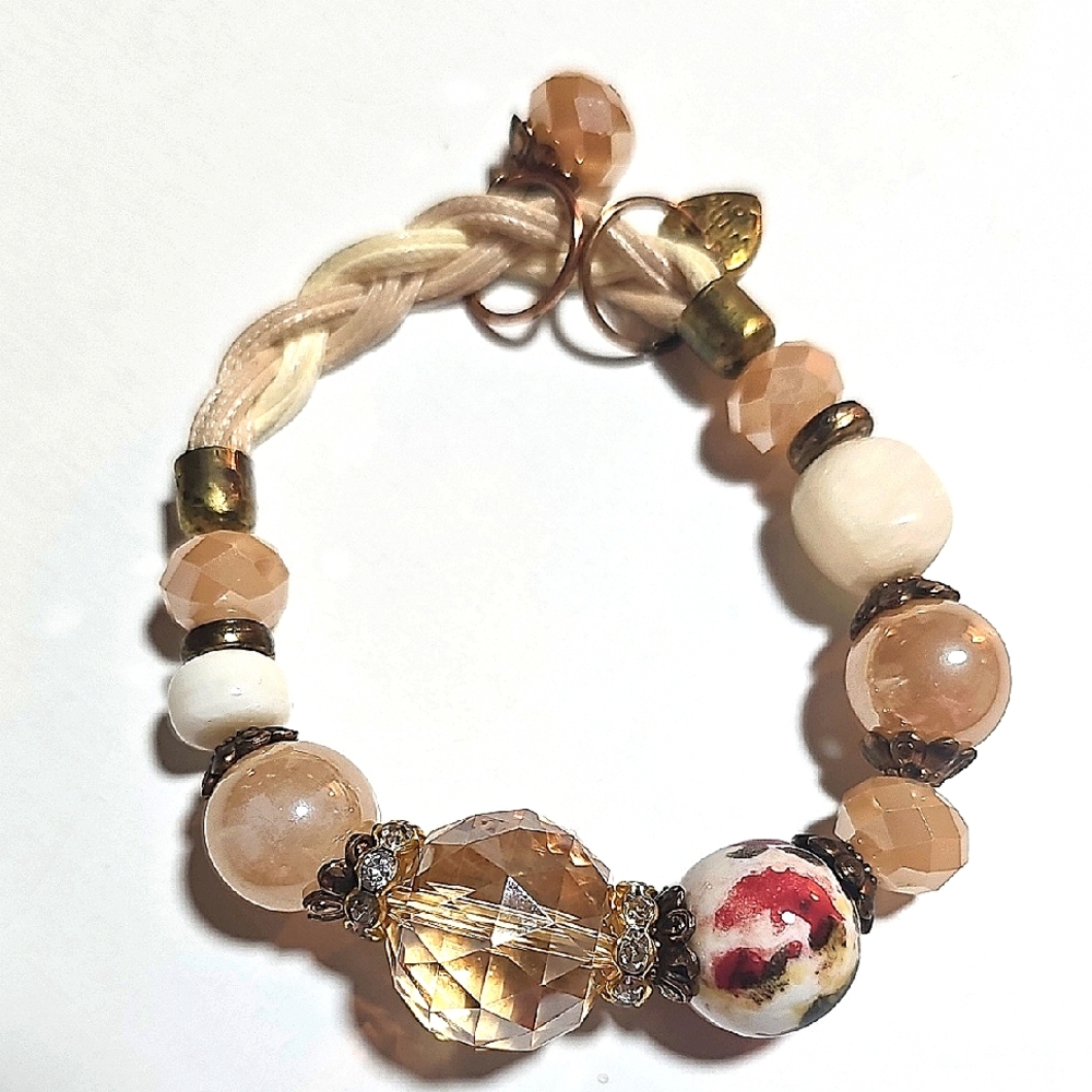 Bohemian Gold and Cream Mixed Beads Stretch Bracelet